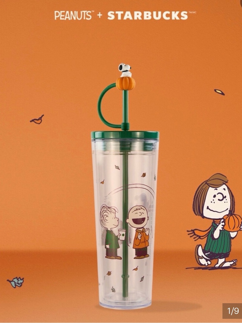 NWT Starbucks Peanuts Tumbler in Orange and Green with Pumpkin Top
